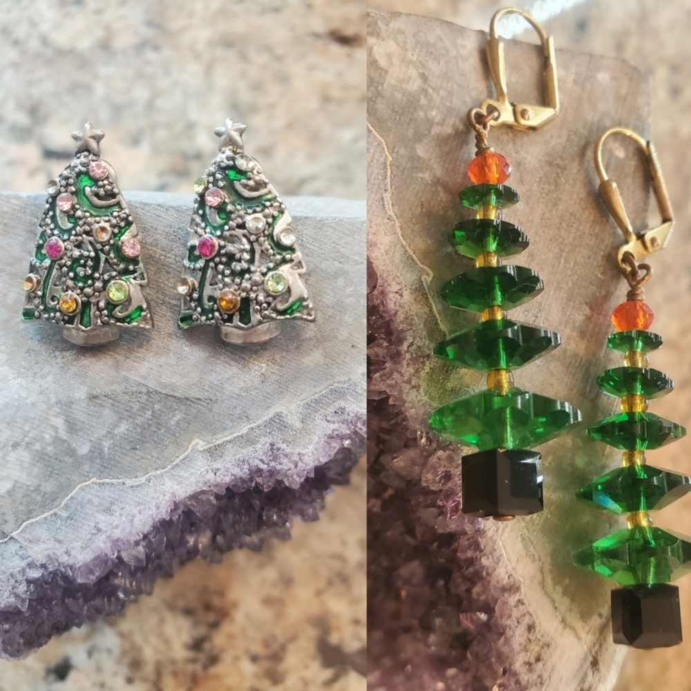 2 Pairs Christmas Tree Crystals Rhinestones Fashion Earrings